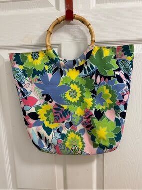 Talbots bamboo handle floral canvas tote bag., large ink stain on the inside